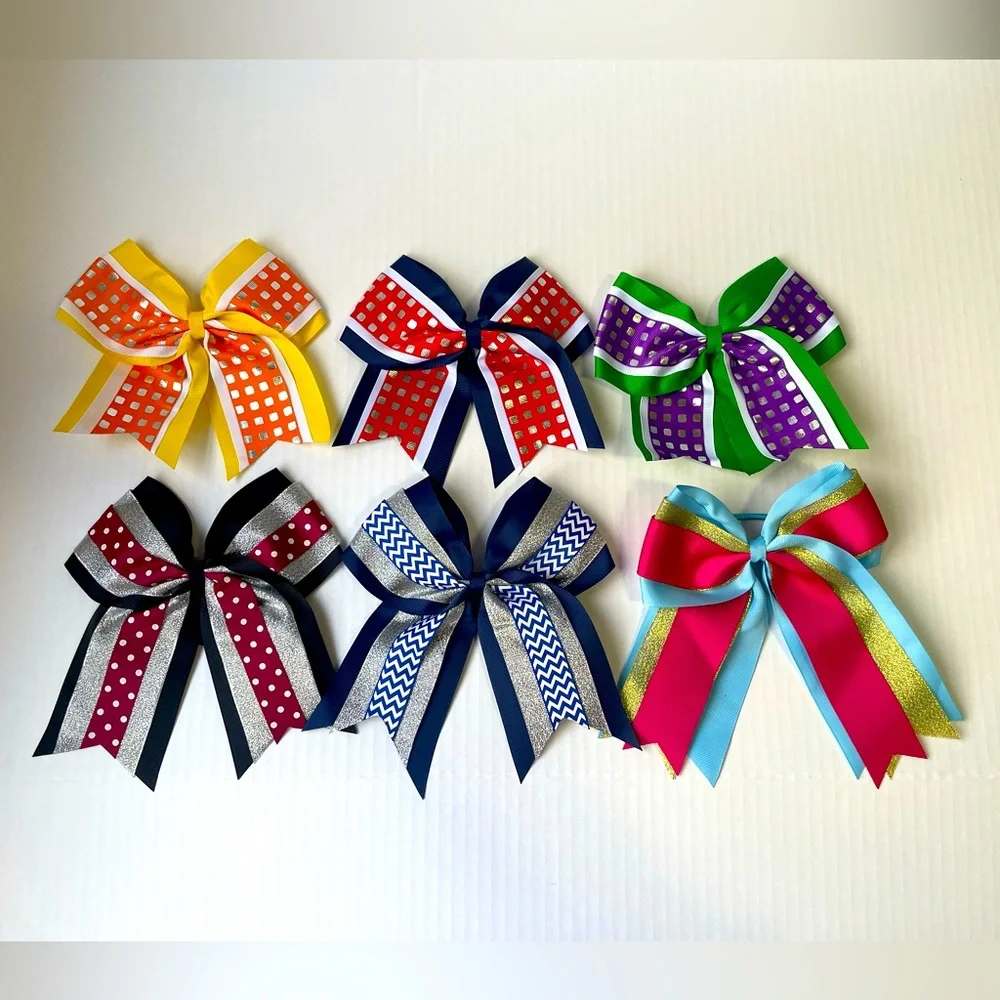 6 Piece 7” and 6”  inch Pony Tail Cheer Bows Chevron Glitter Polka Dot C…